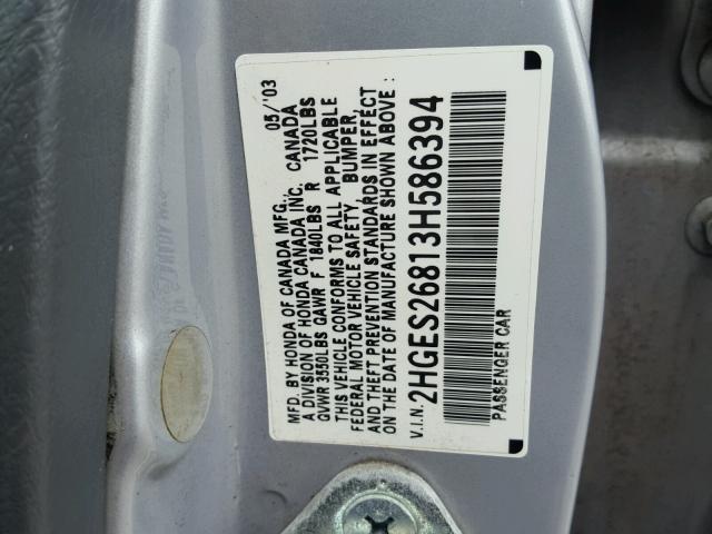 2HGES26813H586394 - 2003 HONDA CIVIC EX SILVER photo 10