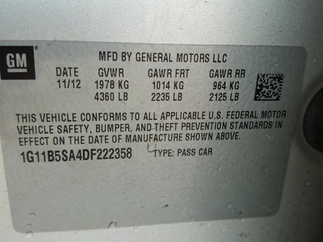 1G11B5SA4DF222358 - 2013 CHEVROLET MALIBU LS SILVER photo 10