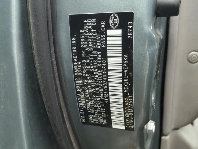 4T1BF28B74U367481 - 2004 TOYOTA AVALON XL GRAY photo 10