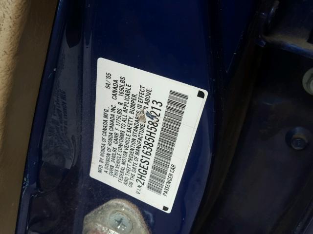 2HGES16385H585213 - 2005 HONDA CIVIC DX V BLUE photo 10