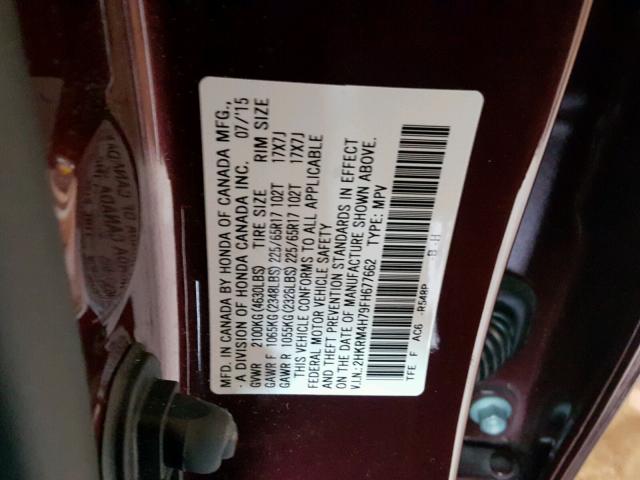 2HKRM4H79FH677662 - 2015 HONDA CR-V EXL MAROON photo 10