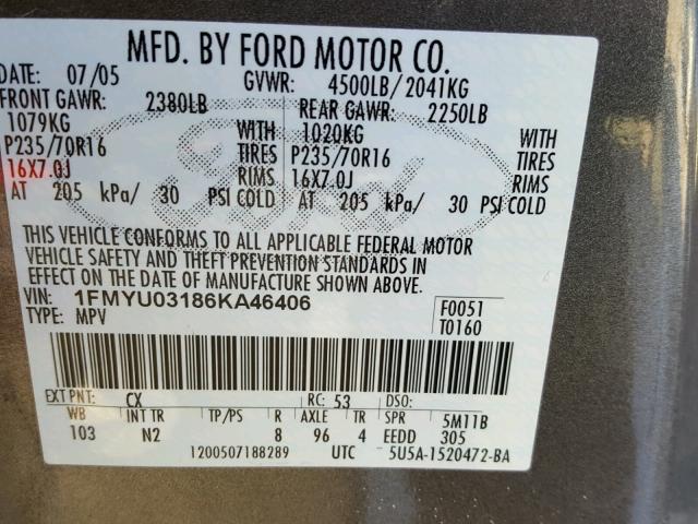 1FMYU03186KA46406 - 2006 FORD ESCAPE XLT GRAY photo 10