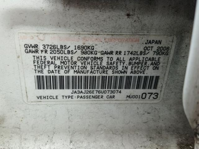 JA3AJ26E76U073074 - 2006 MITSUBISHI LANCER ES WHITE photo 10