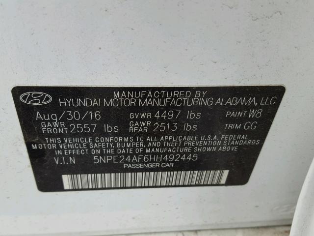 5NPE24AF6HH492445 - 2017 HYUNDAI SONATA SE WHITE photo 10