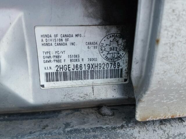 2HGEJ6619XH920769 - 1999 HONDA CIVIC BASE SILVER photo 10