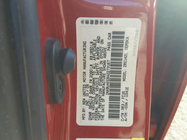 1NXBU4EE8AZ273167 - 2010 TOYOTA COROLLA BA RED photo 10