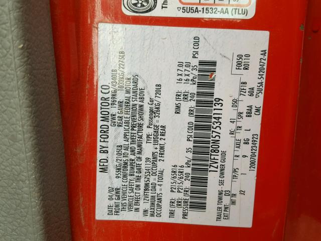 1ZVFT80N575341139 - 2007 FORD MUSTANG RED photo 10