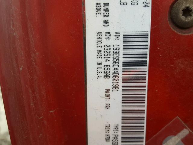 1B3ES56CX4D601981 - 2004 DODGE NEON SXT RED photo 10