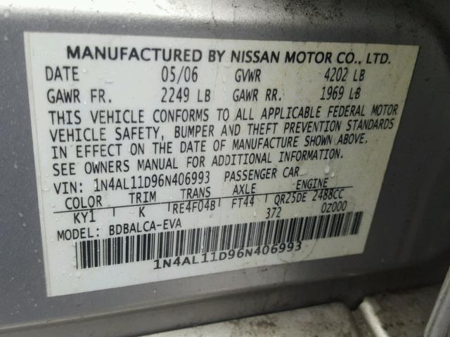 1N4AL11D96N406993 - 2006 NISSAN ALTIMA S SILVER photo 10