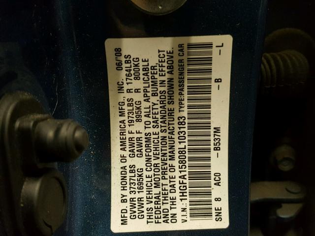 1HGFA15808L103183 - 2008 HONDA CIVIC EX 蓝色 照片 10