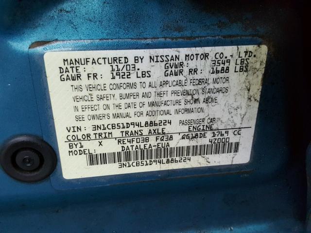 3N1CB51D94L886224 - 2004 NISSAN SENTRA 1.8 BLUE photo 10