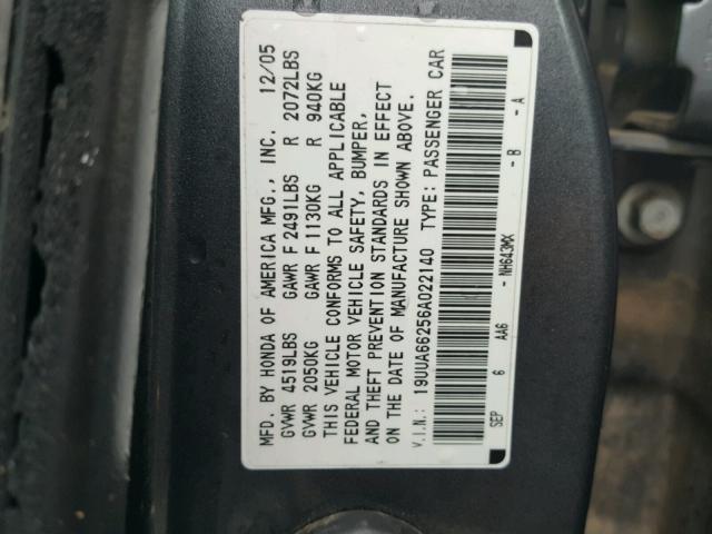 19UUA66256A022140 - 2006 ACURA 3.2TL GRAY photo 10