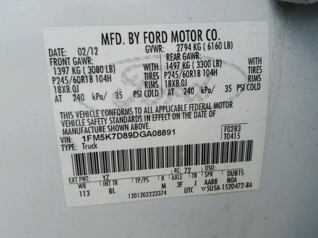 1FM5K7D89DGA08891 - 2013 FORD EXPLORER X WHITE photo 10