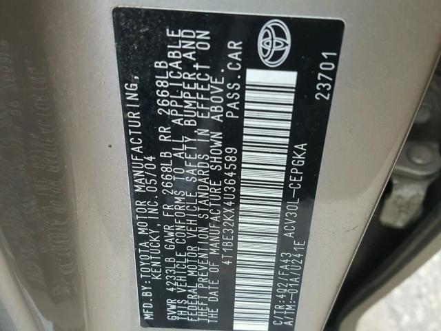 4T1BE32KX4U364589 - 2004 TOYOTA CAMRY LE ბეჟი ფოტო 10