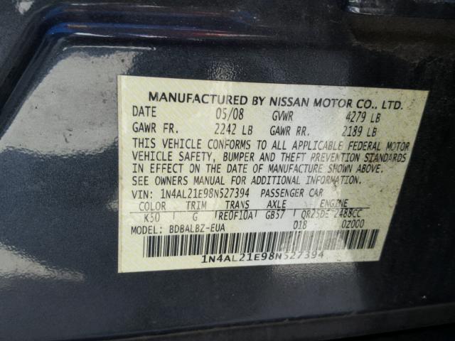 1N4AL21E98N527394 - 2008 NISSAN ALTIMA 2.5 GRAY photo 10