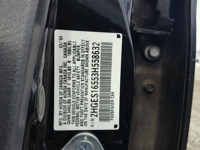 2HGES16553H558632 - 2003 HONDA CIVIC LX BLACK photo 10