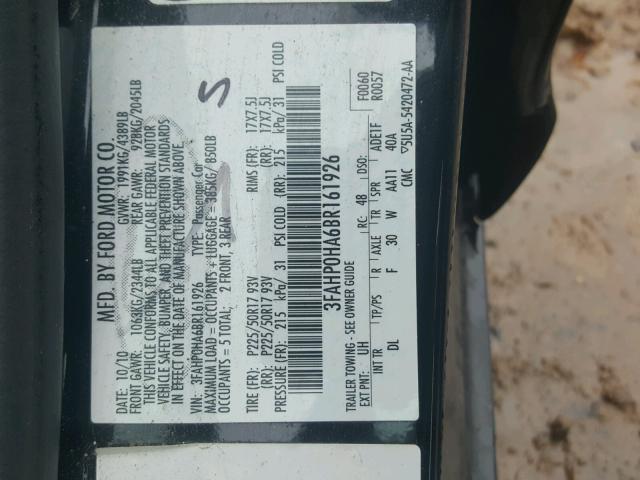 3FAHP0HA6BR161926 - 2011 FORD FUSION SE BLACK photo 10