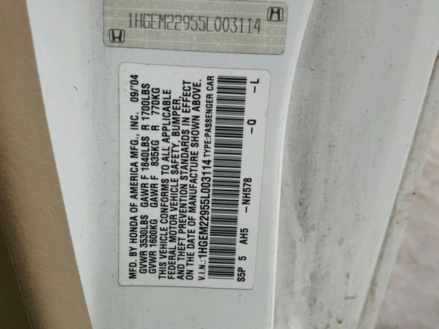 1HGEM22955L003114 - 2005 HONDA CIVIC EX თეთრი ფოტო 10