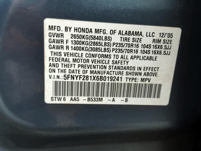 5FNYF281X6B019241 - 2006 HONDA PILOT LX BLUE photo 10