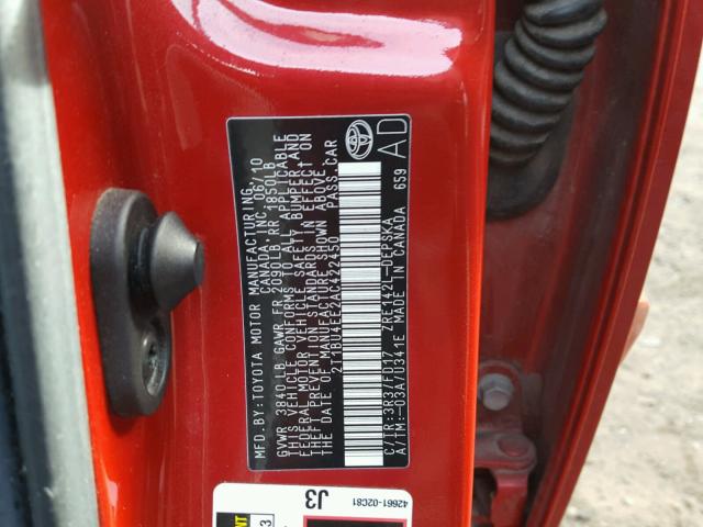 2T1BU4EE2AC422450 - 2010 TOYOTA COROLLA BA RED photo 10