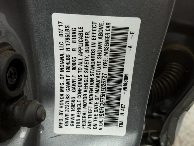 19XFC2F75HE026727 - 2017 HONDA CIVIC EX SILVER photo 10