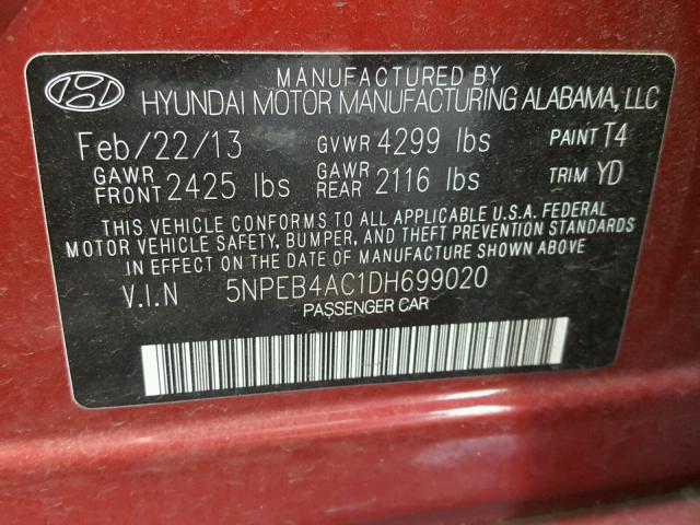 5NPEB4AC1DH699020 - 2013 HYUNDAI SONATA GLS RED photo 10