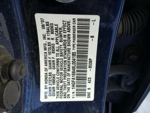 1HGFA16848L004185 - 2008 HONDA CIVIC EX BLUE photo 10