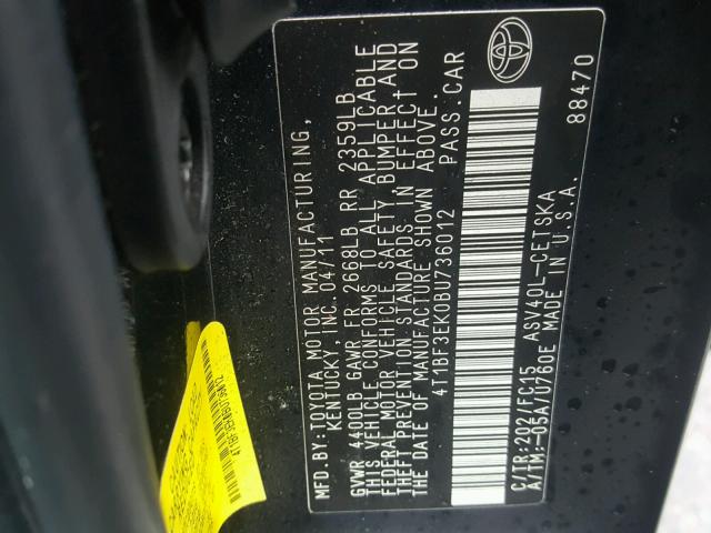 4T1BF3EK0BU736012 - 2011 TOYOTA CAMRY BASE BLACK photo 10