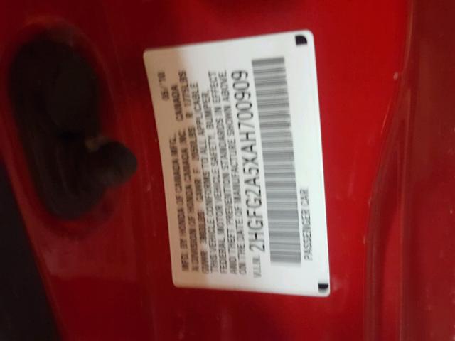 2HGFG2A5XAH700909 - 2010 HONDA CIVIC SI RED photo 10