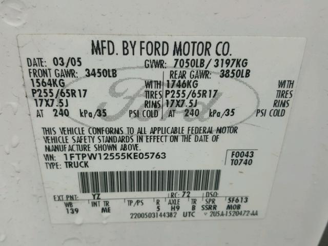 1FTPW12555KE05763 - 2005 FORD F150 SUPER WHITE photo 10