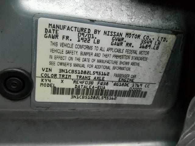 3N1CB51D82L595162 - 2002 NISSAN SENTRA XE SILVER photo 10