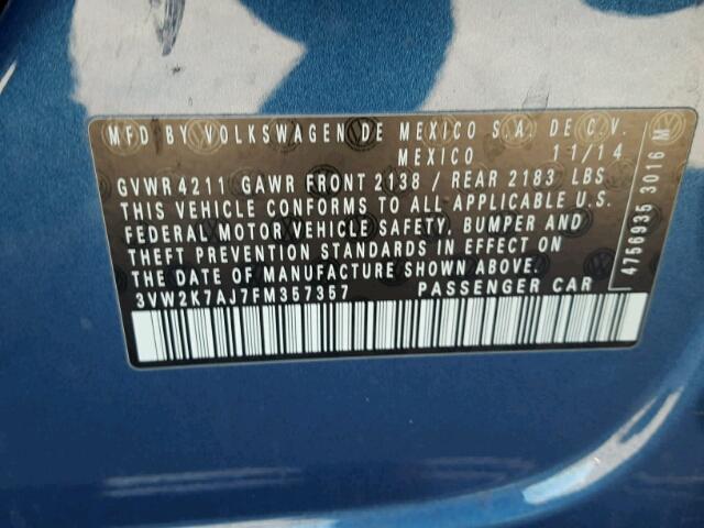 3VW2K7AJ7FM357357 - 2015 VOLKSWAGEN JETTA BASE 蓝色 照片 10