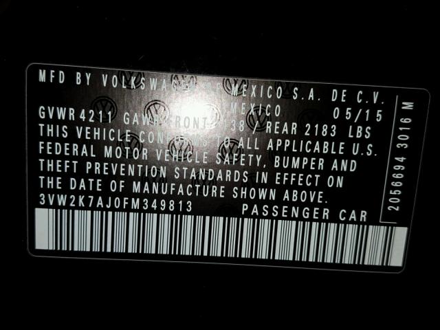 3VW2K7AJ0FM349813 - 2015 VOLKSWAGEN JETTA BASE 黑色 照片 10