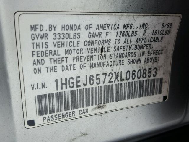 1HGEJ6572XL060853 - 1999 HONDA CIVIC LX SILVER photo 10