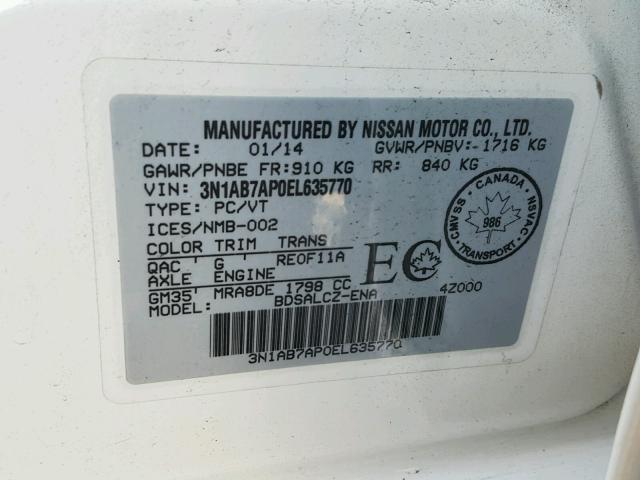 3N1AB7AP0EL635770 - 2014 NISSAN SENTRA S WHITE photo 10