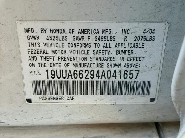 19UUA66294A041657 - 2004 ACURA TL WHITE photo 10