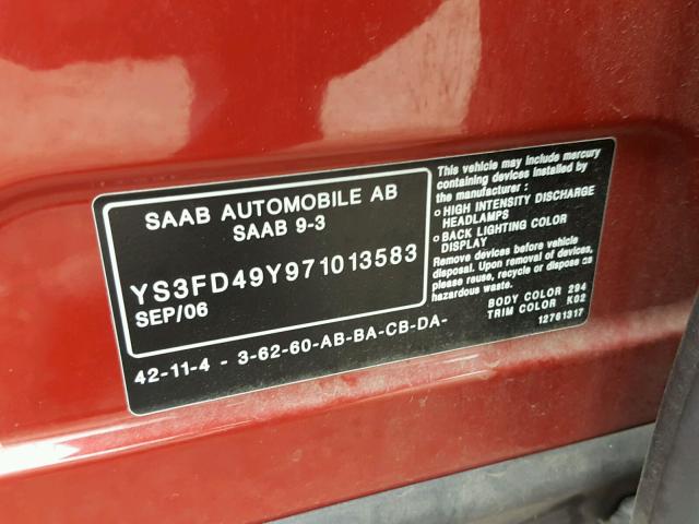 YS3FD49Y971013583 - 2007 SAAB 9-3 2.0T RED photo 10