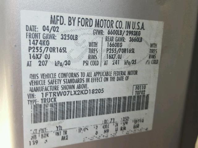 1FTRW07LX2KD18205 - 2002 FORD F150 SUPER SILVER photo 10