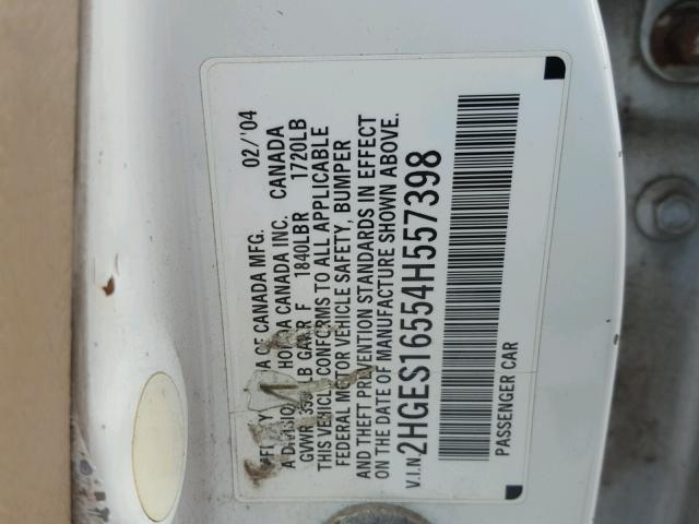 2HGES16554H557398 - 2004 HONDA CIVIC LX WHITE photo 10