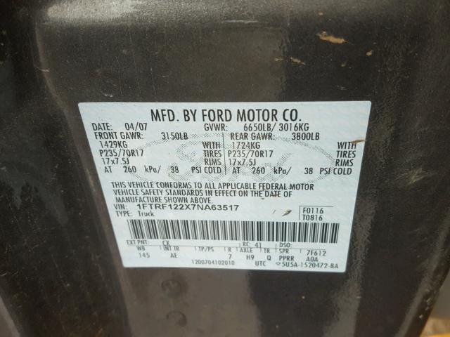 1FTRF122X7NA63517 - 2007 FORD F150 GRAY photo 10