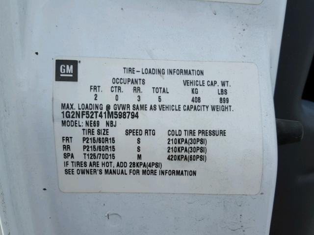 1G2NF52T41M598794 - 2001 PONTIAC GRAND AM S 白色 照片 10