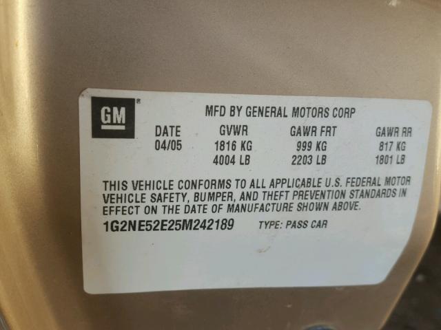 1G2NE52E25M242189 - 2005 PONTIAC GRAND AM S ოქროსფერი ფოტო 10