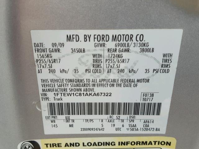 1FTEW1C81AKA67322 - 2010 FORD F150 SUPER SILVER photo 10