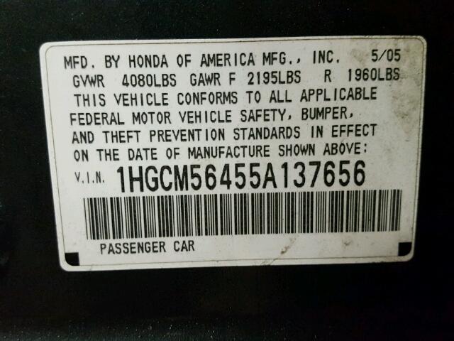 1HGCM56455A137656 - 2005 HONDA ACCORD LX GRAY photo 10