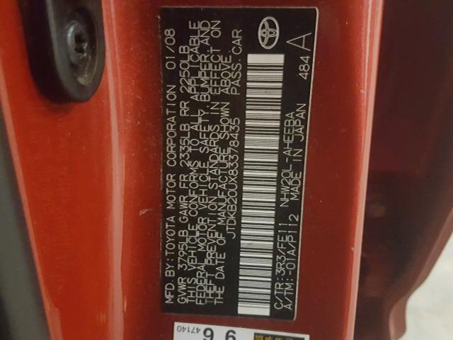 JTDKB20UX83378435 - 2008 TOYOTA PRIUS RED photo 10