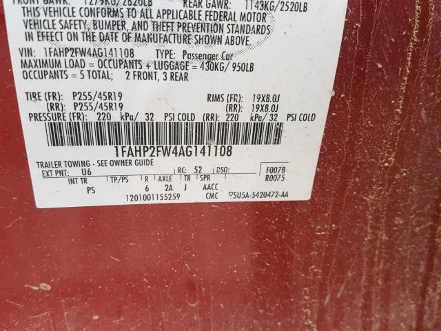 1FAHP2FW4AG141108 - 2010 FORD TAURUS LIM RED photo 10