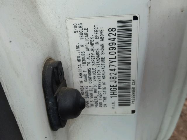 1HGEJ8247YL099428 - 2000 HONDA CIVIC EX WHITE photo 10