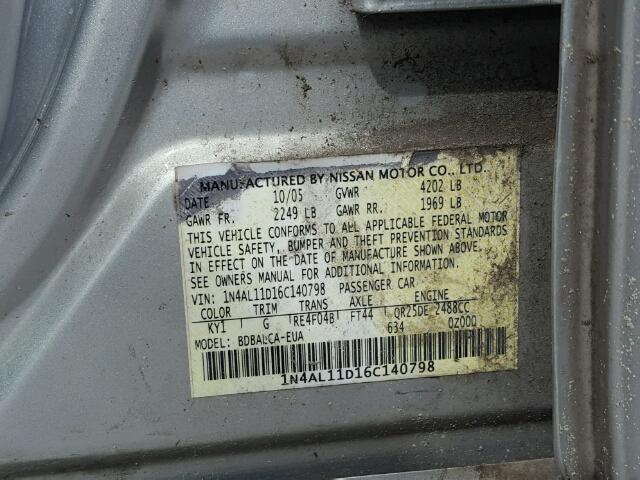 1N4AL11D16C140798 - 2006 NISSAN ALTIMA S SILVER photo 10