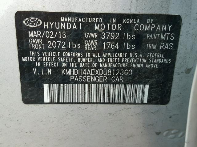 KMHDH4AEXDU812363 - 2013 HYUNDAI ELANTRA GL SILVER photo 10