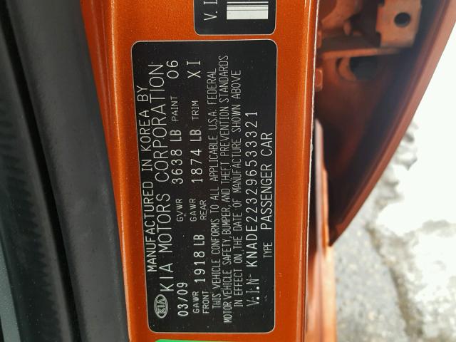 KNADE223296533321 - 2009 KIA RIO BASE ORANGE photo 10